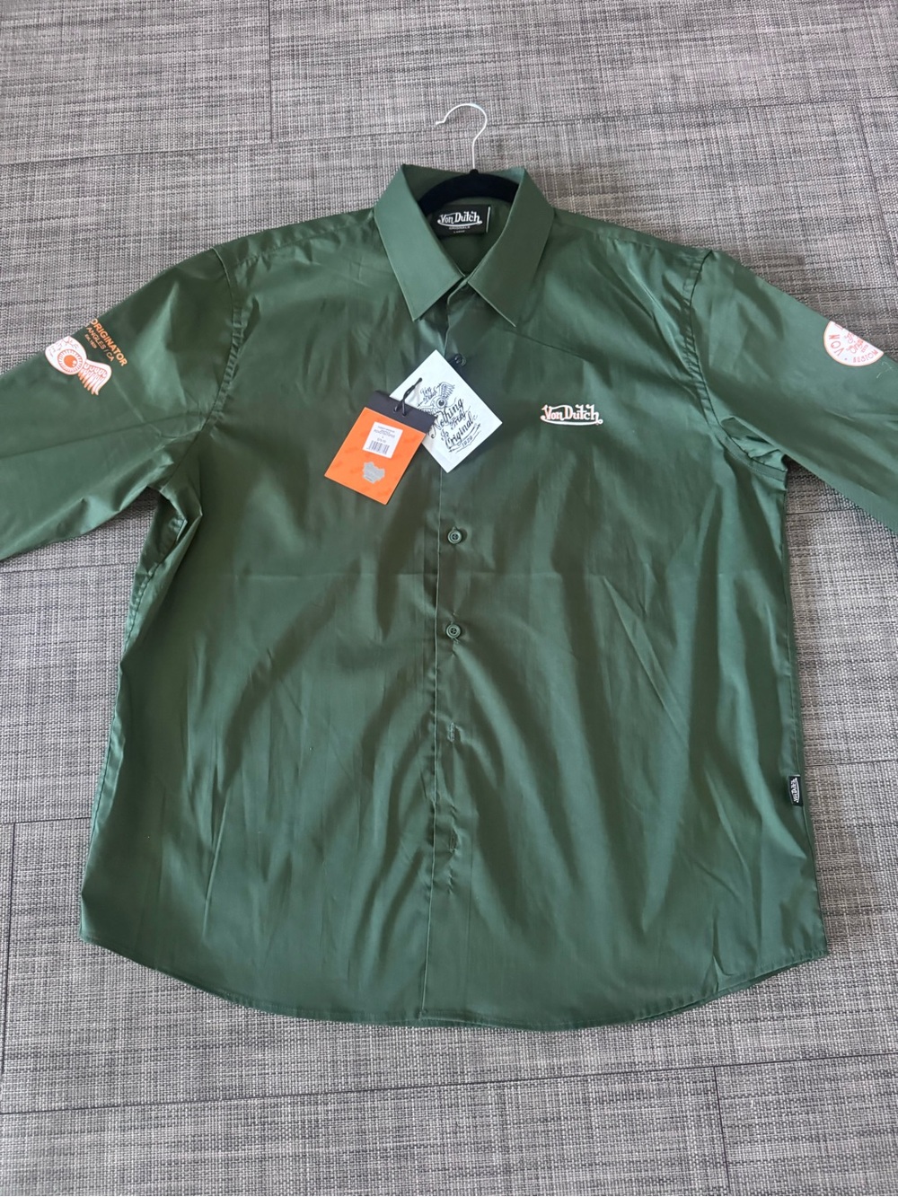 Von Dutch Olive Green Long Sleeve Button-Down with Chest Logo and Sleeve Patches